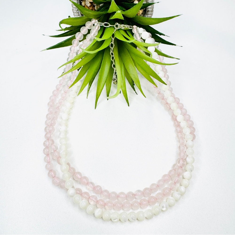 GSJ Pink Quartz & White Mother of Pearl Beaded Layered Sterling Silver Necklace
